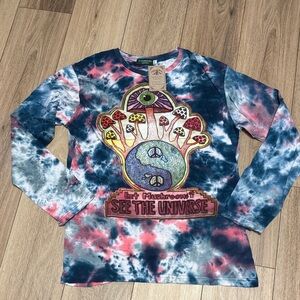 KATHMANDU NWT L Blue Long Sleeve Tie-Dye boho Mushroom ying yang peace Print TEE